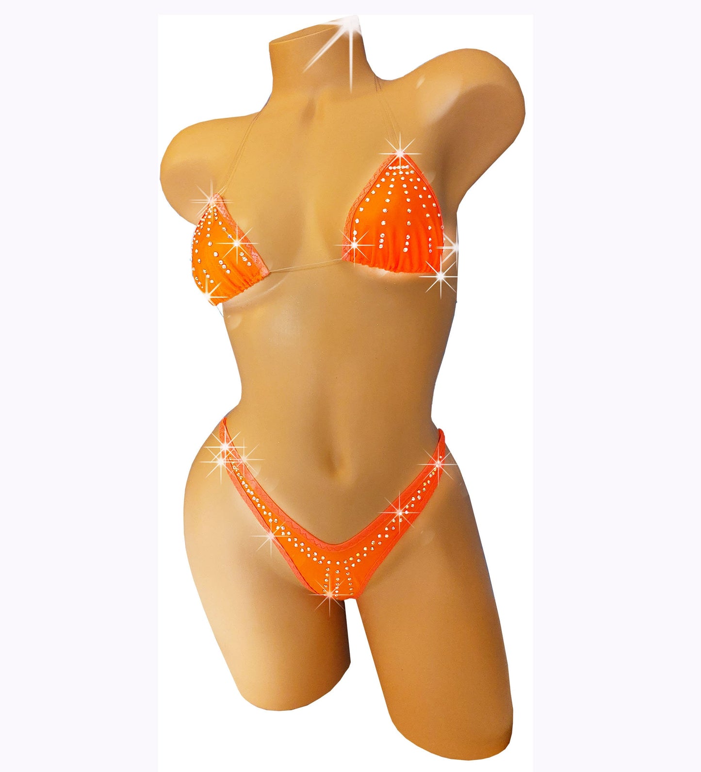 Neon Orange Rhinestone Bikini: Glows in Black Light, Exotic Dancewear, Clear elastic