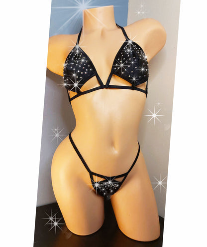 Rhinestone Thong Bikini: Adjustable Exotic Rave Dancewear