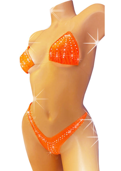 Neon Orange Rhinestone Bikini: Glows in Black Light, Exotic Dancewear, Clear elastic