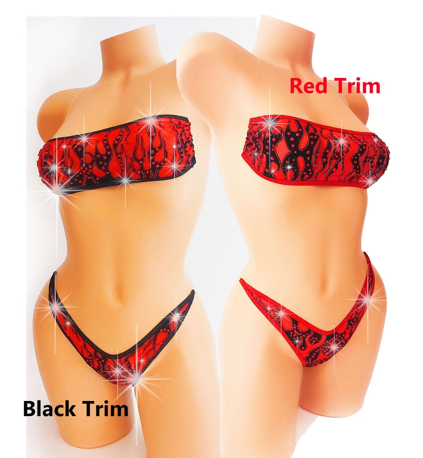 Red Flame Rhinestone Bandeau Thong Set: Illusion Elastic Ravewear