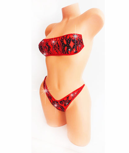 Red Flame Rhinestone Bandeau Thong Set: Illusion Elastic Ravewear