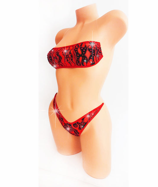 Red Flame Rhinestone Bandeau Thong Set: Illusion Elastic Ravewear