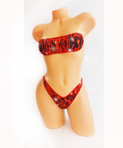 Red Flame Rhinestone Bandeau Thong Set: Illusion Elastic Ravewear