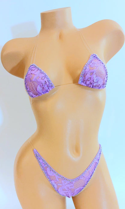 Lilac Lace Rhinestone Lingerie Set, Clear Adjustable Straps