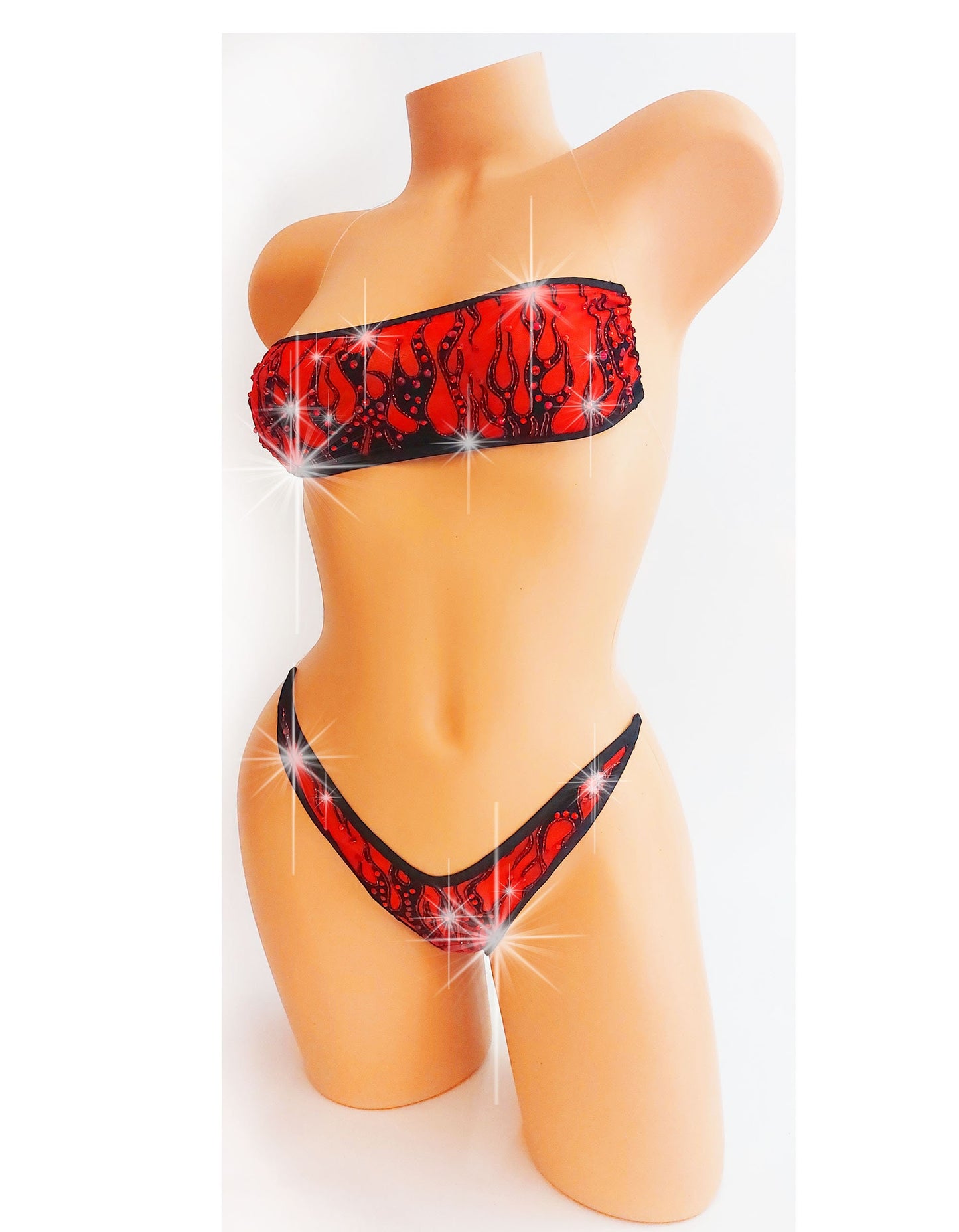 Red Flame Rhinestone Bandeau Thong Set: Illusion Elastic Ravewear