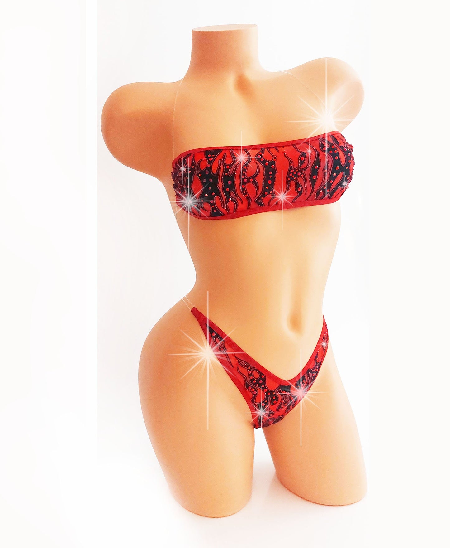 Red Flame Rhinestone Bandeau Thong Set: Illusion Elastic Ravewear