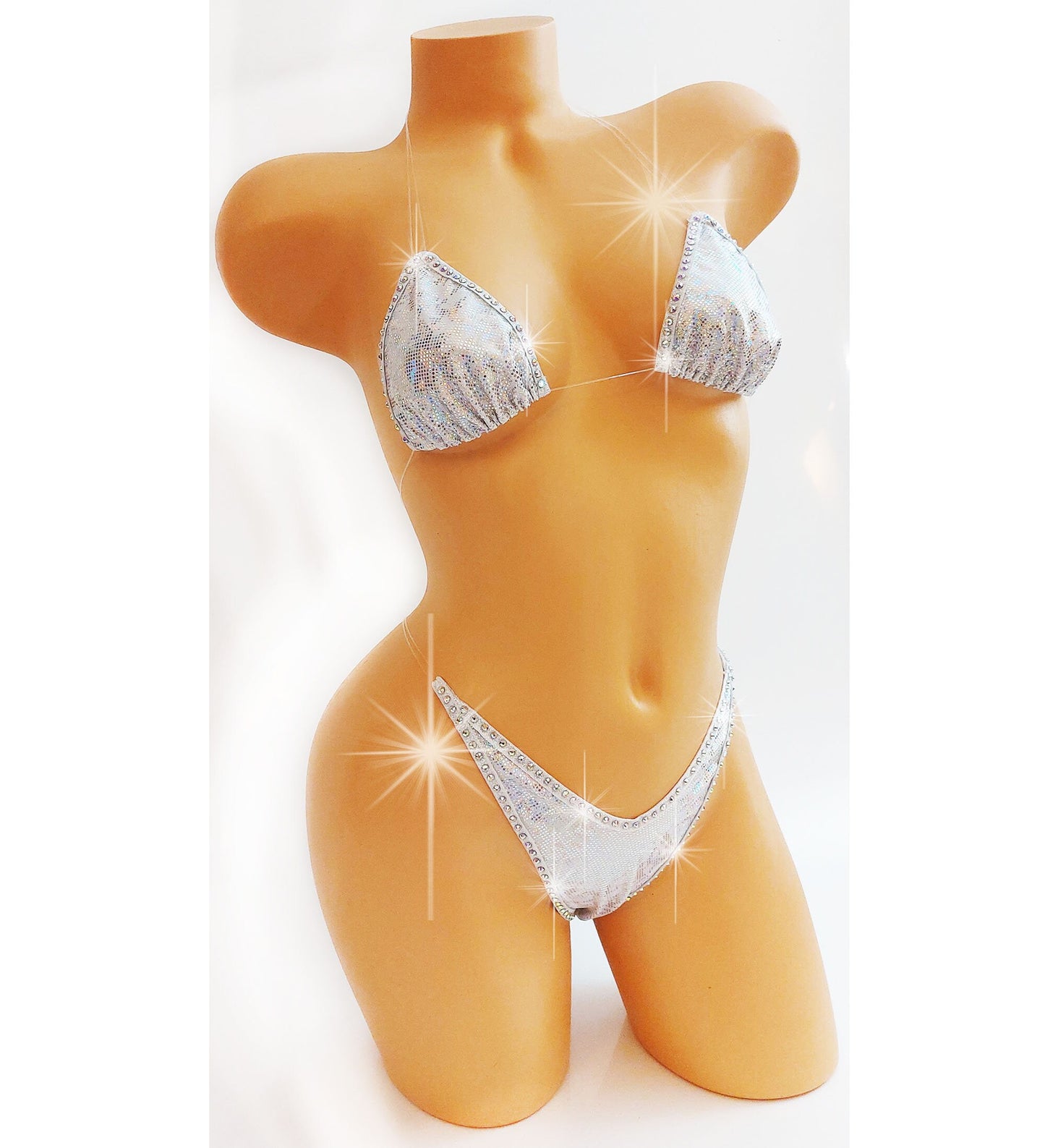 Bridal Rhinestone Bikini: White Hologram, Exotic Dancewear, Stripper bikini