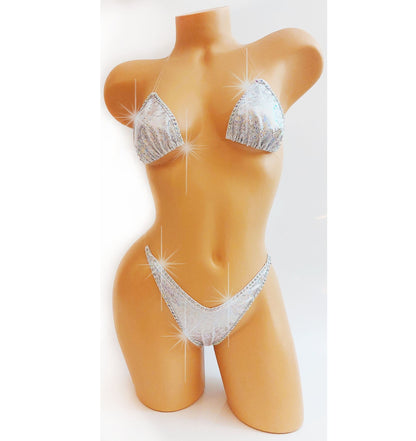 Bridal Rhinestone Bikini: White Hologram, Exotic Dancewear, Stripper bikini