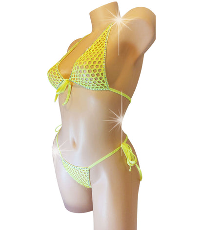 Glow Yellow Rhinestone Fishnet Halter Set: Rave Pole Dancewear, Fully lined