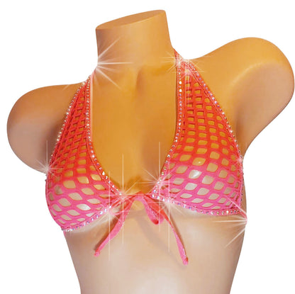 Rhinestone Fishnet Halter Set: Rave Stripper Exotic Dancewear - AA-DD Cups