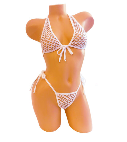 White Fishnet Lingerie Set – Halter Tie, G-String Thong, Rave Dancewear