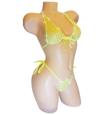 Glow Yellow Rhinestone Fishnet Halter Set: Rave Pole Dancewear, Fully lined