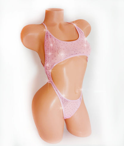 Pink Mesh Rhinestone Bodysuit, Sheer One-Piece Lingerie