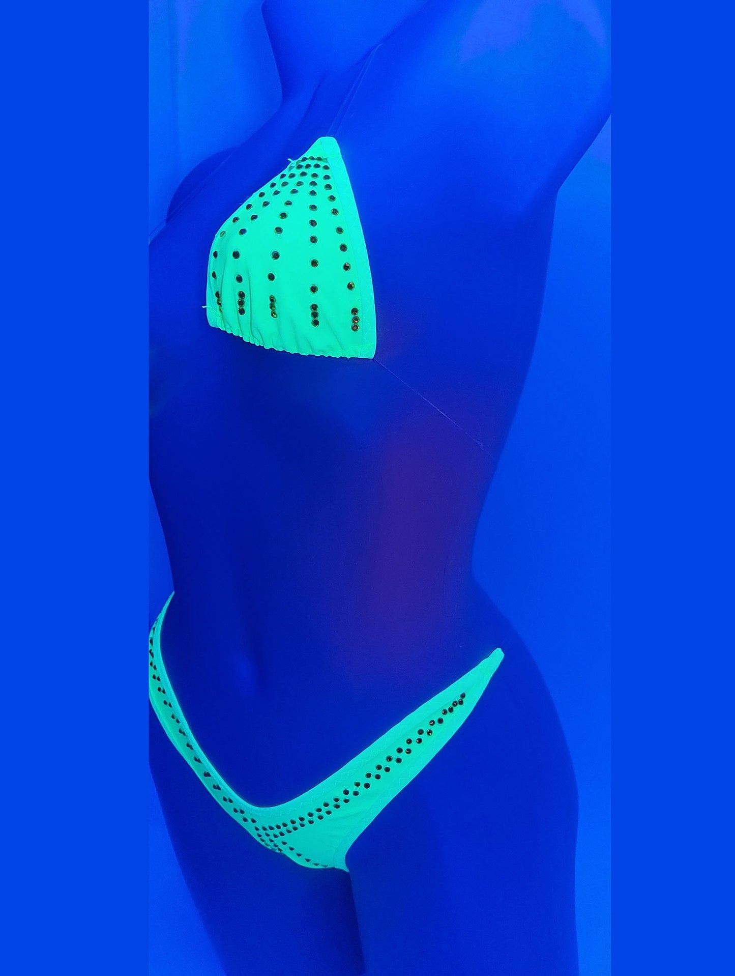 Neon Yellow Rhinestone Thong Bikini – Glows in Black Light