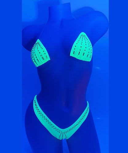 Neon Yellow Rhinestone Thong Bikini – Glows in Black Light