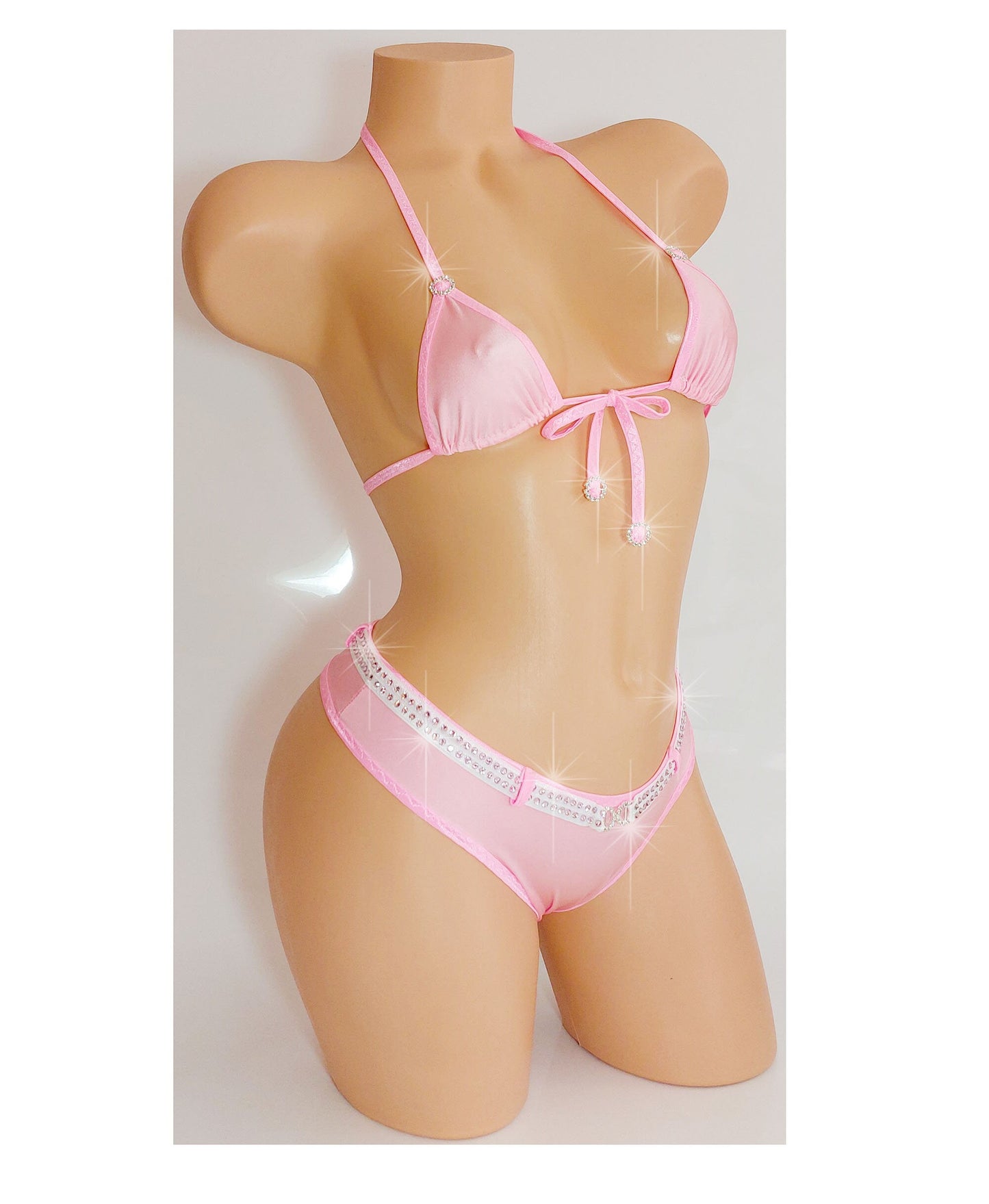 Pink Rhinestone Bikini Set: Exotic Dancewear, Booty Shorts, Halter Top