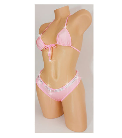 Pink Rhinestone Bikini Set: Exotic Dancewear, Booty Shorts, Halter Top