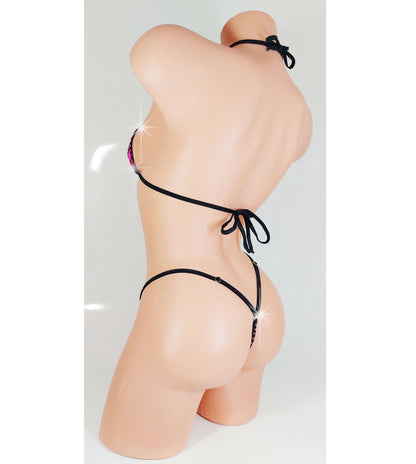 Pink Flames Rhinestone Bikini adjustable waist: Rave Outfit, Exotic Dancewear