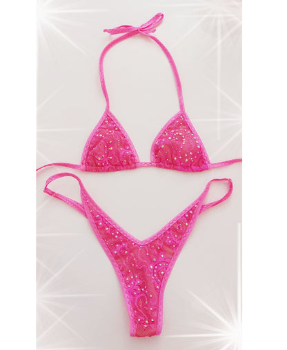 Shockingly Pink Lace Rhinestone Thong Bikini, Rave Dancewear