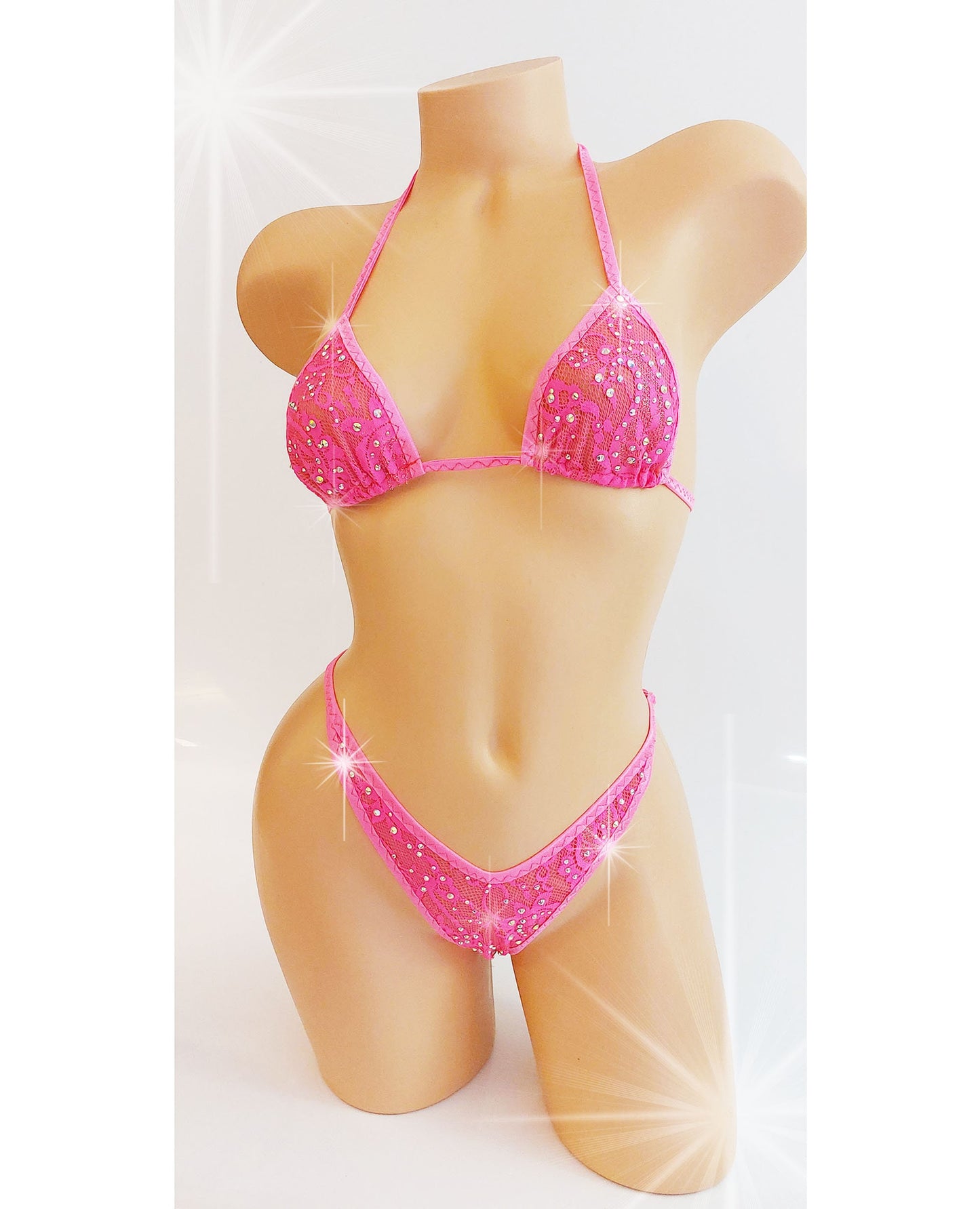 Shockingly Pink Lace Rhinestone Thong Bikini, Rave Dancewear