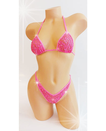 Shockingly Pink Lace Rhinestone Thong Bikini, Rave Dancewear