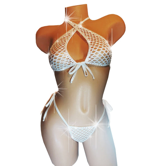 White Rhinestone Fishnet Halter Thong Set: Rave, Exotic Dancewear, Lined Option