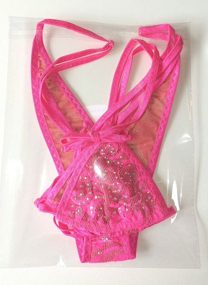 Shockingly Pink Lace Rhinestone Thong Bikini, Rave Dancewear