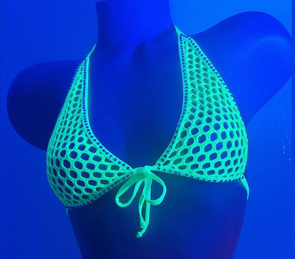 Rhinestone Fishnet Halter Top: Rave Dancewear, Glows in Black Light