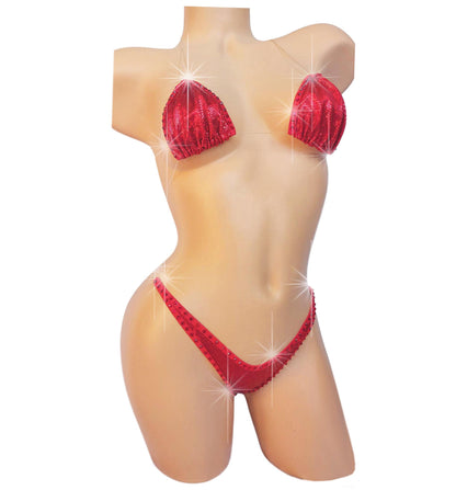 Red Rhinestone Hologram Bikini: Invisible Elastic Exotic Dancewear