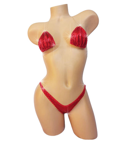 Red Rhinestone Hologram Bikini: Invisible Elastic Exotic Dancewear