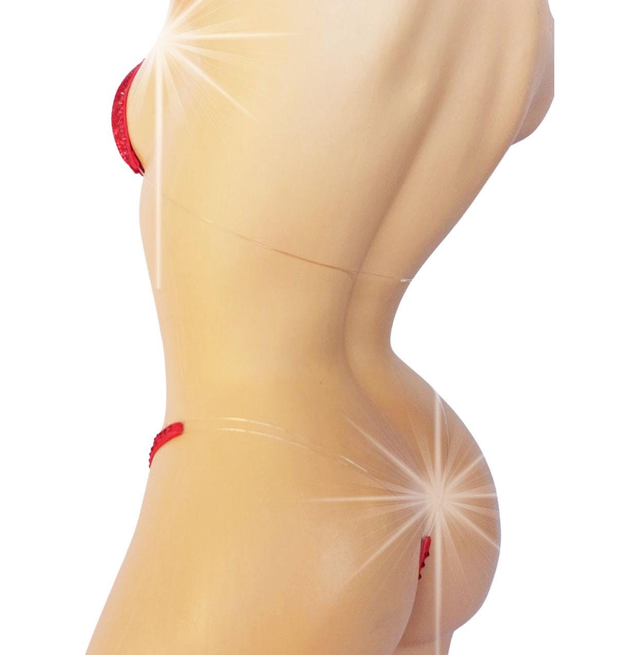 Red Rhinestone Hologram Bikini: Invisible Elastic Exotic Dancewear