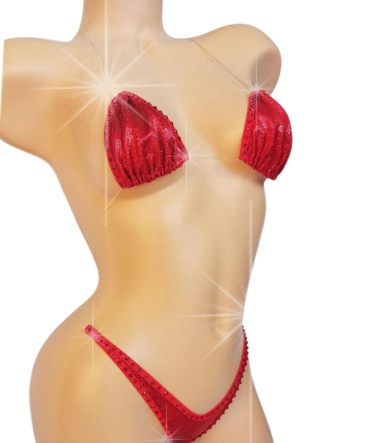 Red Rhinestone Hologram Bikini: Invisible Elastic Exotic Dancewear
