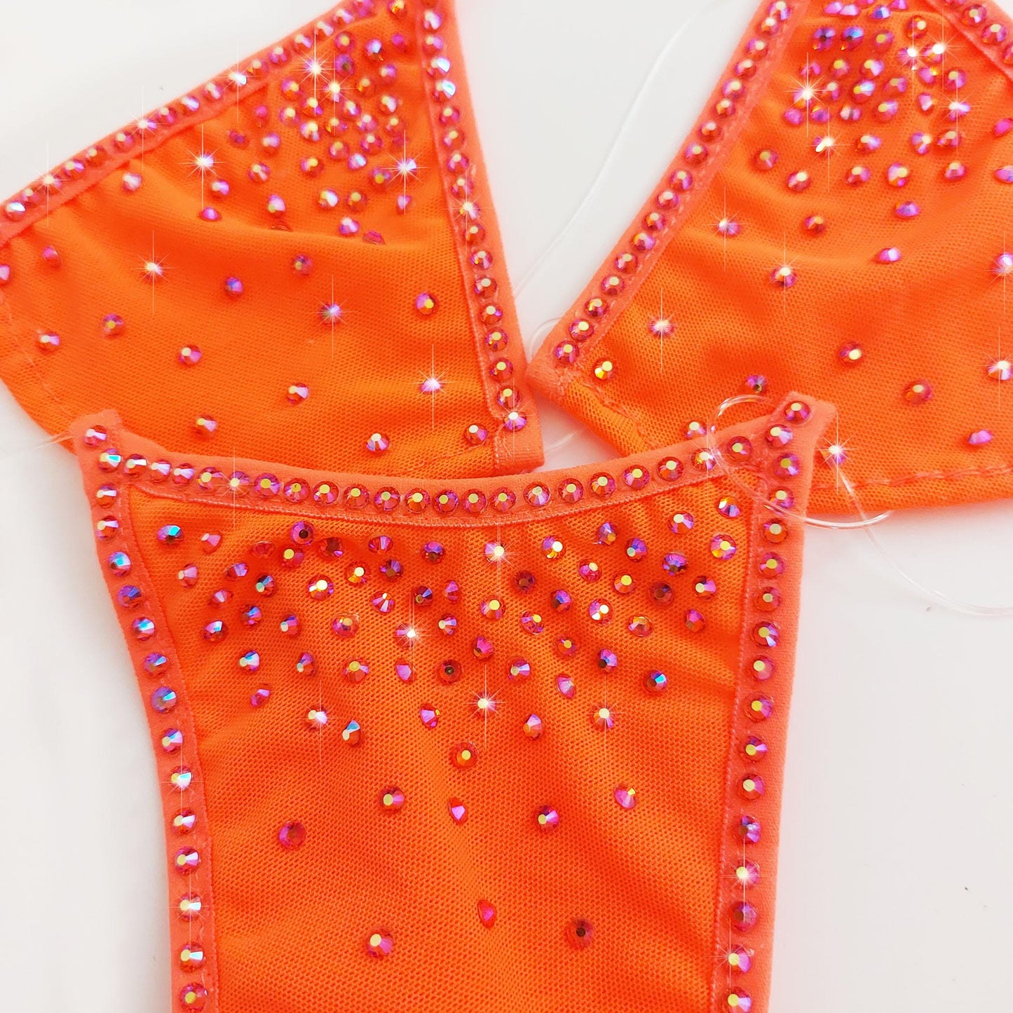 Neon Orange Rhinestone Rave Bikini - Glows in Black Light Lingerie Bikini - Clear Elastic