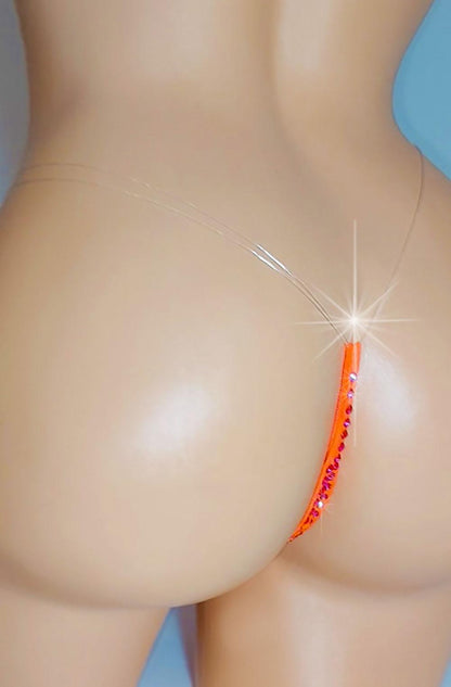 Neon Orange Rhinestone Rave Bikini - Glows in Black Light Lingerie Bikini - Clear Elastic