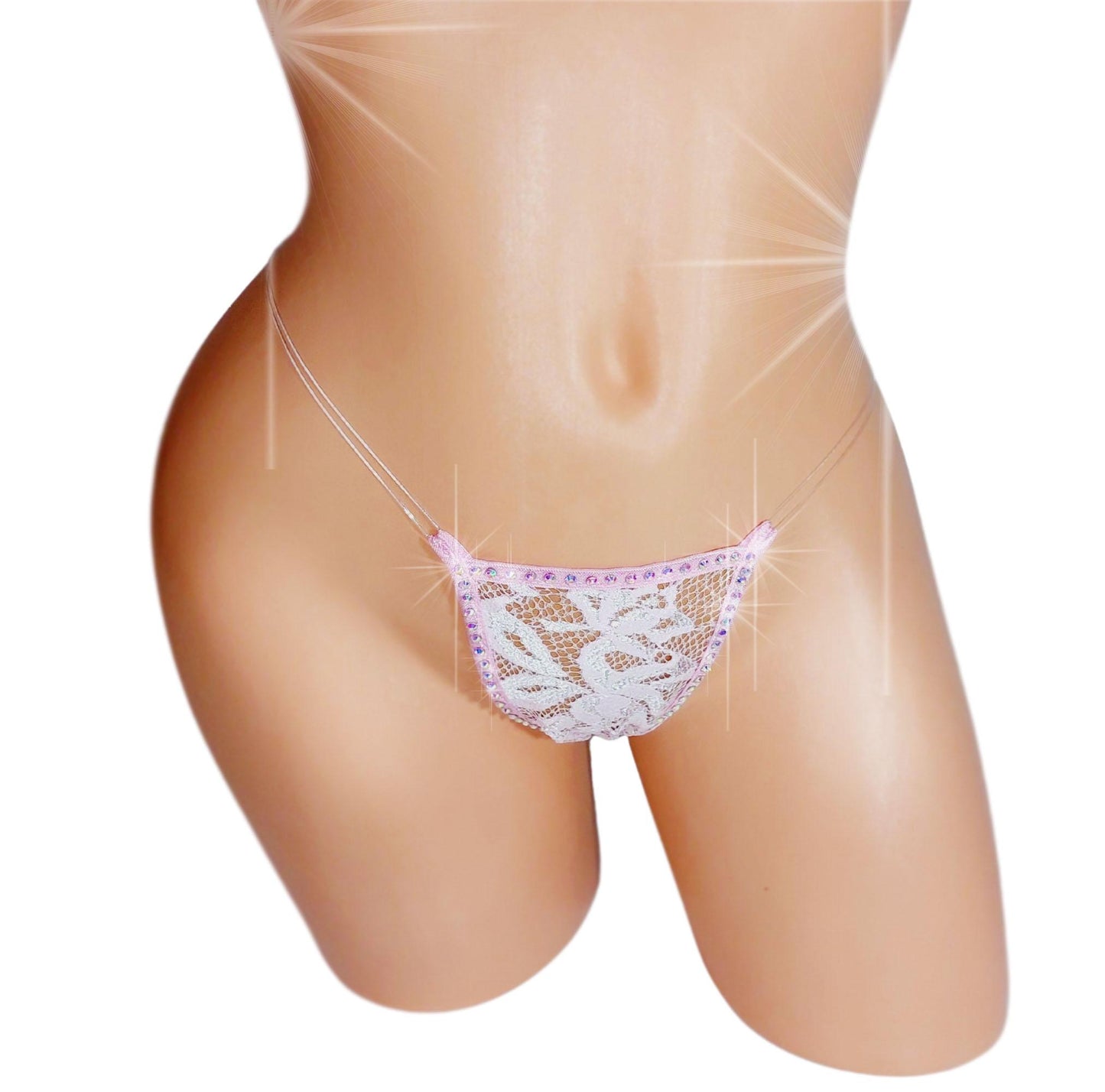 Baby Pink Lace Illusion Thong: Rhinestone G-String, Many Colors