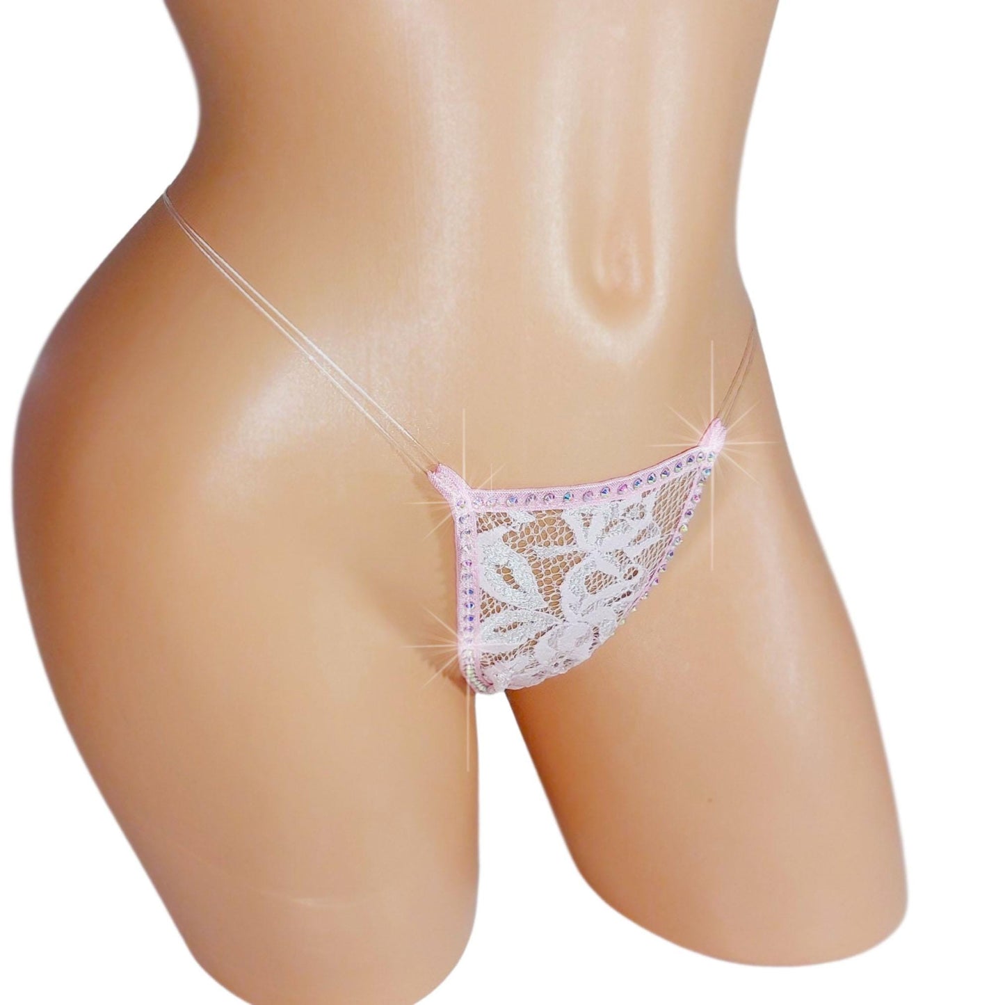 Baby Pink Lace Illusion Thong: Rhinestone G-String, Many Colors
