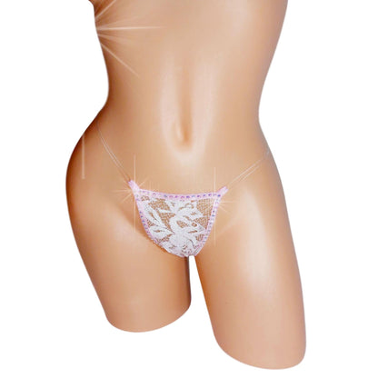 Baby Pink Lace Illusion Thong: Rhinestone G-String, Many Colors