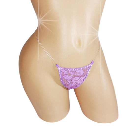 Purple Lace Rhinestone Thong: adjustable Clear Elastic waistband