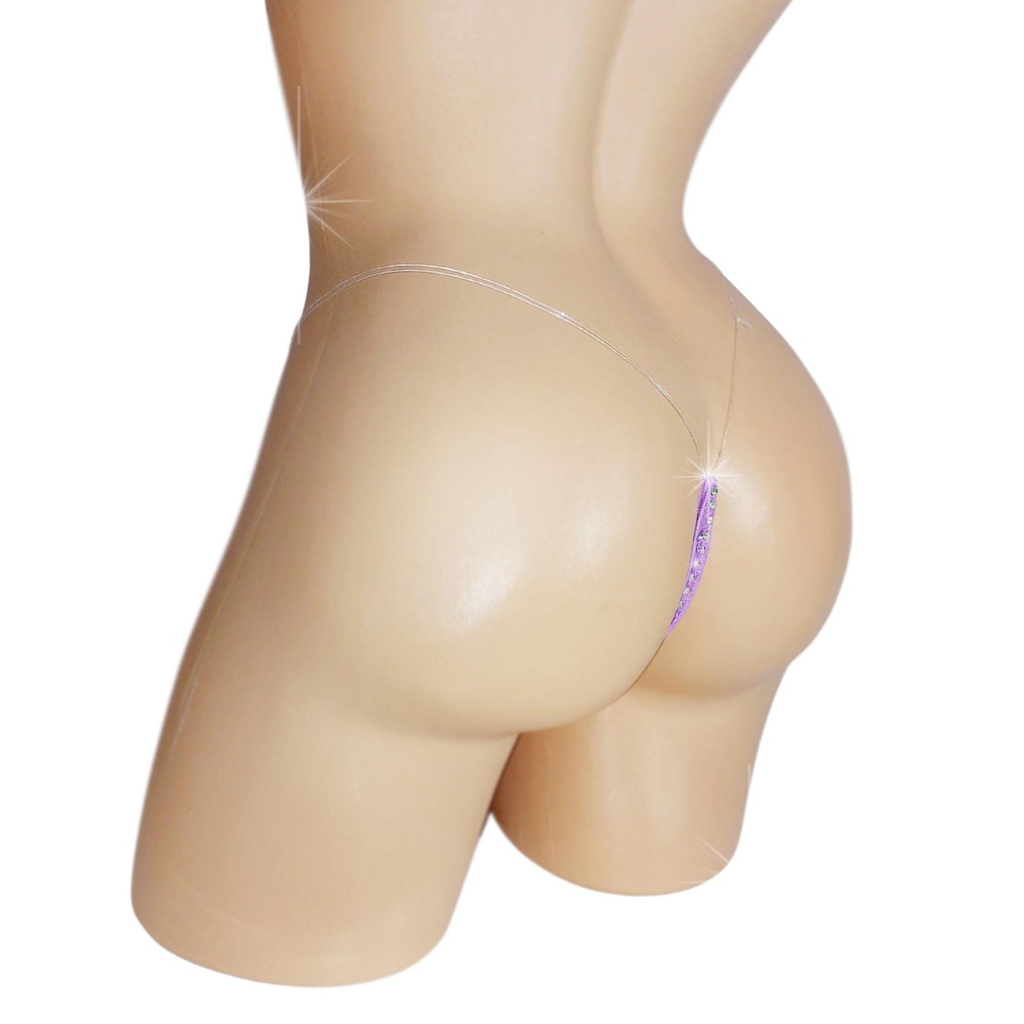 Purple Lace Rhinestone Thong: adjustable Clear Elastic waistband