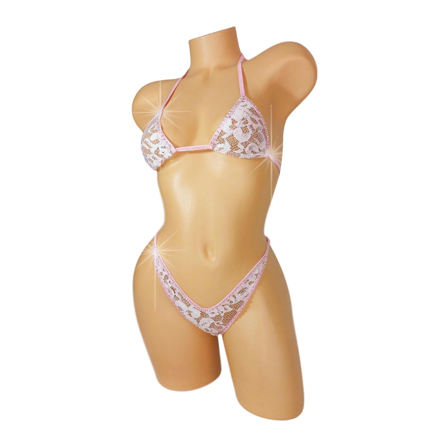 Baby Pink Lace Rhinestone Set – Lingerie, Pole, Beachwear