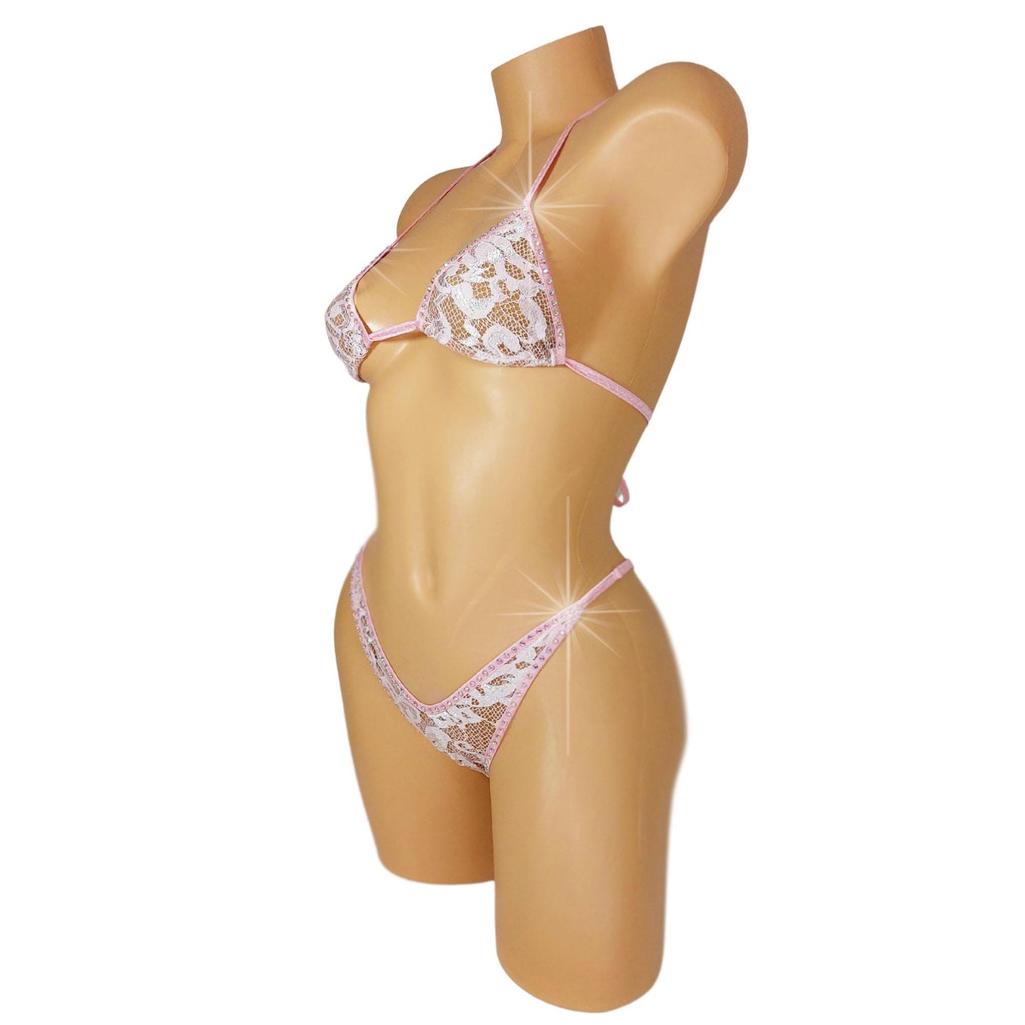 Baby Pink Lace Rhinestone Set – Lingerie, Pole, Beachwear