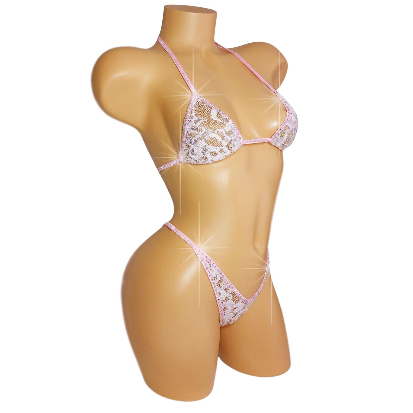 Baby Pink Lace Rhinestone Set – Lingerie, Pole, Beachwear