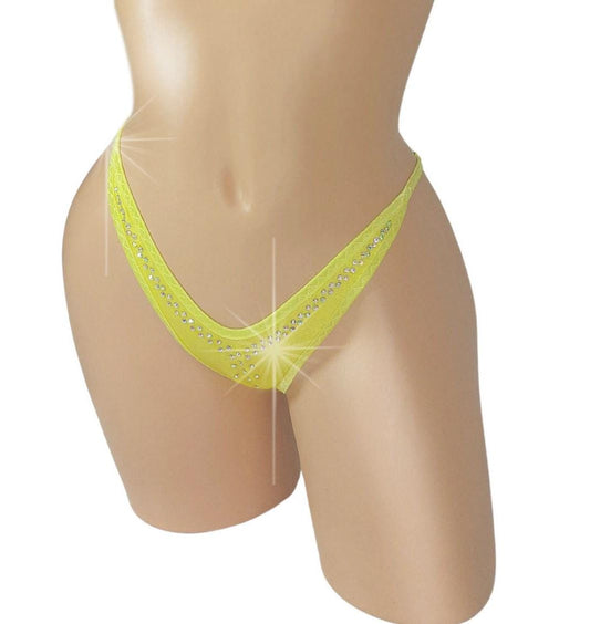 Yellow Rhinestone Thong: Adjustable Rave Dancewear - Glows in Black Light!