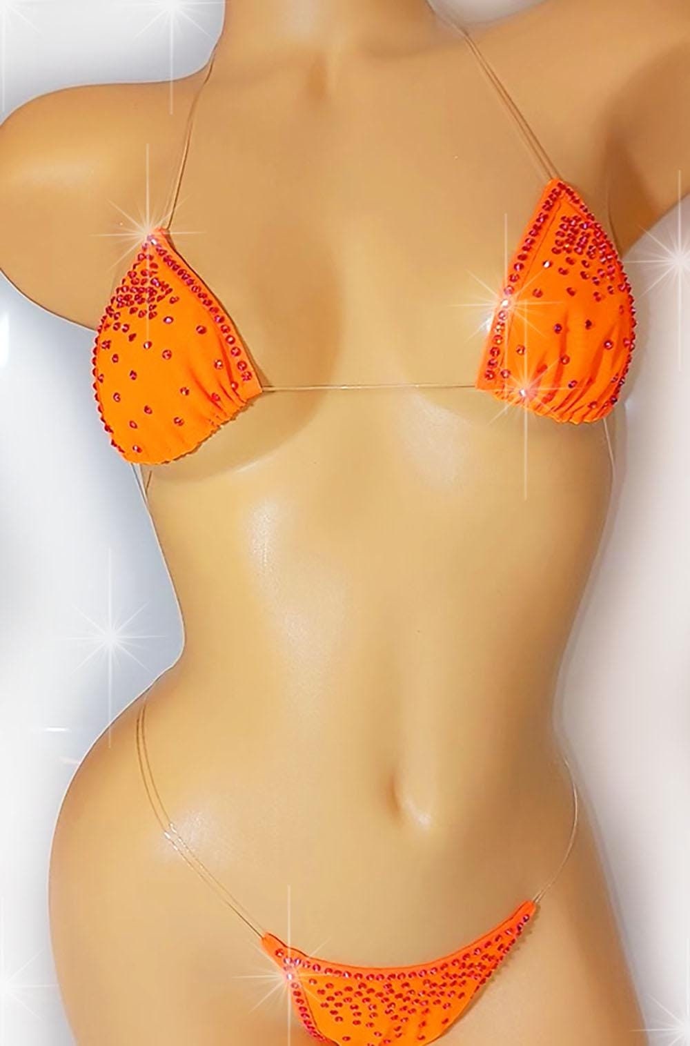 Neon Orange Rhinestone Rave Bikini - Glows in Black Light Lingerie Bikini - Clear Elastic