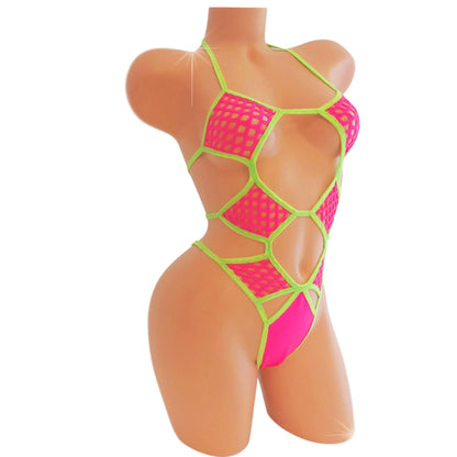 Blacklight Reactive Fishnet One-Piece: Hot Pink Rave Bodysuit