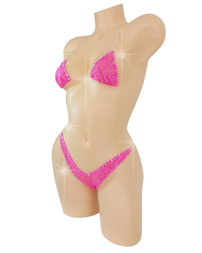 Hot Pink Lace Rhinestone Lingerie Set, Clear Straps