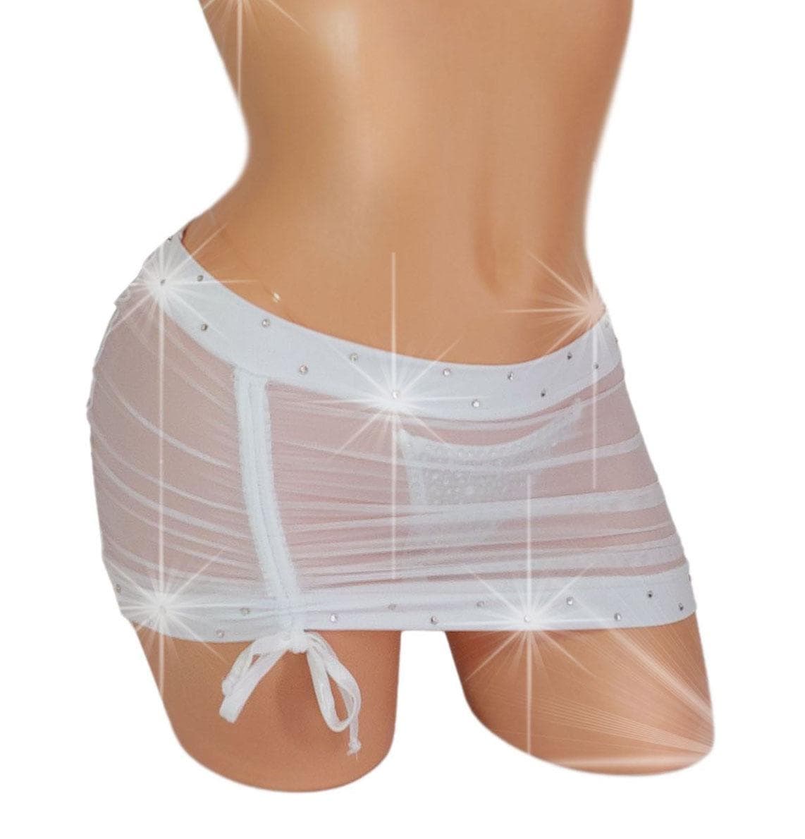 White Wedding drawstring front, gathered back micro Mesh mini skirt with Rhinestones