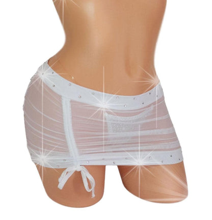 White Wedding drawstring front, gathered back micro Mesh mini skirt with Rhinestones