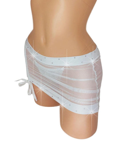 White Wedding drawstring front, gathered back micro Mesh mini skirt with Rhinestones