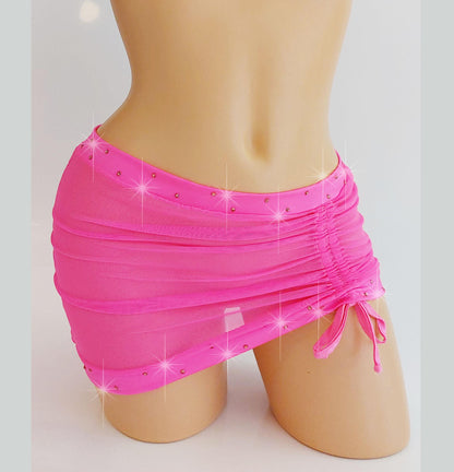 Glow Pink drawstring sheer Mesh Rhinestone Micro Mini skirt- Glow in Black Light! Stripper outfits exotic dancer pole dance *